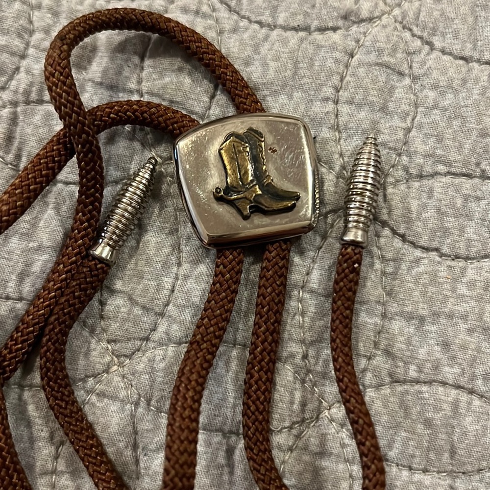 Vintage unmarked silver tone western boots spurs bolo tie